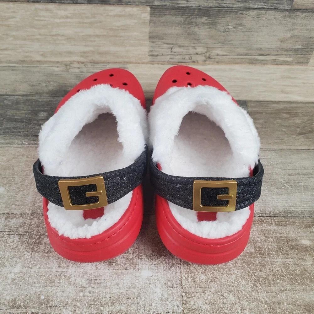 Crocs Classic Lined Santa Kids Clogs Sz 1 J1 Red Rubber Slip-On Slingback Shoes‎
